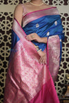 Shubh Lakshmi 2.0 ~ Handloom High Quality Pure Katan Silk Saree in Ocean Blue and Pink (Silk Mark Certified) - verymuchindian.com