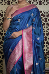 Shubh Lakshmi 2.0 ~ Handloom High Quality Pure Katan Silk Saree in Ocean Blue and Pink (Silk Mark Certified) - verymuchindian.com