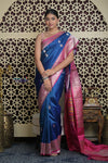 Shubh Lakshmi 2.0 ~ Handloom High Quality Pure Katan Silk Saree in Ocean Blue and Pink (Silk Mark Certified) - verymuchindian.com