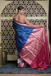 Shubh Lakshmi 2.0 ~ Handloom High Quality Pure Katan Silk Saree in Ocean Blue and Pink (Silk Mark Certified) - verymuchindian.com