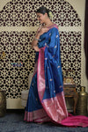 Shubh Lakshmi 2.0 ~ Handloom High Quality Pure Katan Silk Saree in Ocean Blue and Pink (Silk Mark Certified) - verymuchindian.com