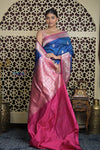 Shubh Lakshmi 2.0 ~ Handloom High Quality Pure Katan Silk Saree in Ocean Blue and Pink (Silk Mark Certified) - verymuchindian.com