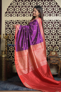 Shubh Lakshmi 2.0 ~ Handloom High Quality Pure Katan Silk Saree in Purple and Red (Silk Mark Certified) - verymuchindian.com