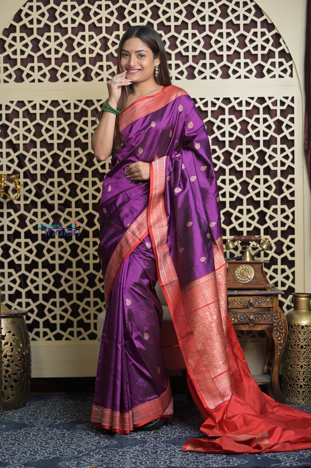 Shubh Lakshmi 2.0 ~ Handloom High Quality Pure Katan Silk Saree in Purple and Red (Silk Mark Certified) - verymuchindian.com