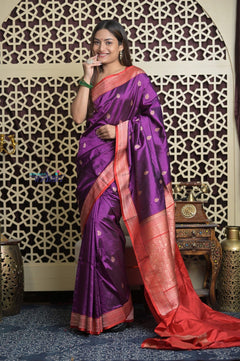 Shubh Lakshmi 2.0 ~ Handloom High Quality Pure Katan Silk Saree in Purple and Red (Silk Mark Certified) - verymuchindian.com