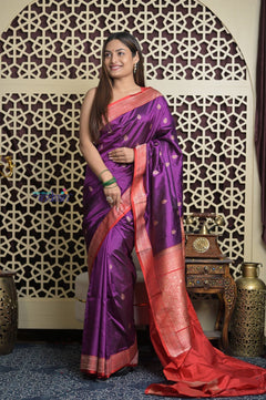 Shubh Lakshmi 2.0 ~ Handloom High Quality Pure Katan Silk Saree in Purple and Red (Silk Mark Certified) - verymuchindian.com