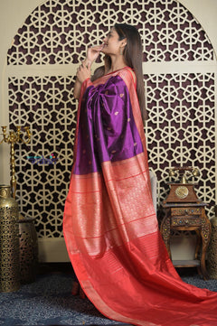 Shubh Lakshmi 2.0 ~ Handloom High Quality Pure Katan Silk Saree in Purple and Red (Silk Mark Certified) - verymuchindian.com