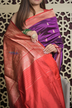 Shubh Lakshmi 2.0 ~ Handloom High Quality Pure Katan Silk Saree in Purple and Red (Silk Mark Certified) - verymuchindian.com