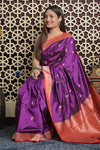 Shubh Lakshmi 2.0 ~ Handloom High Quality Pure Katan Silk Saree in Purple and Red (Silk Mark Certified) - verymuchindian.com