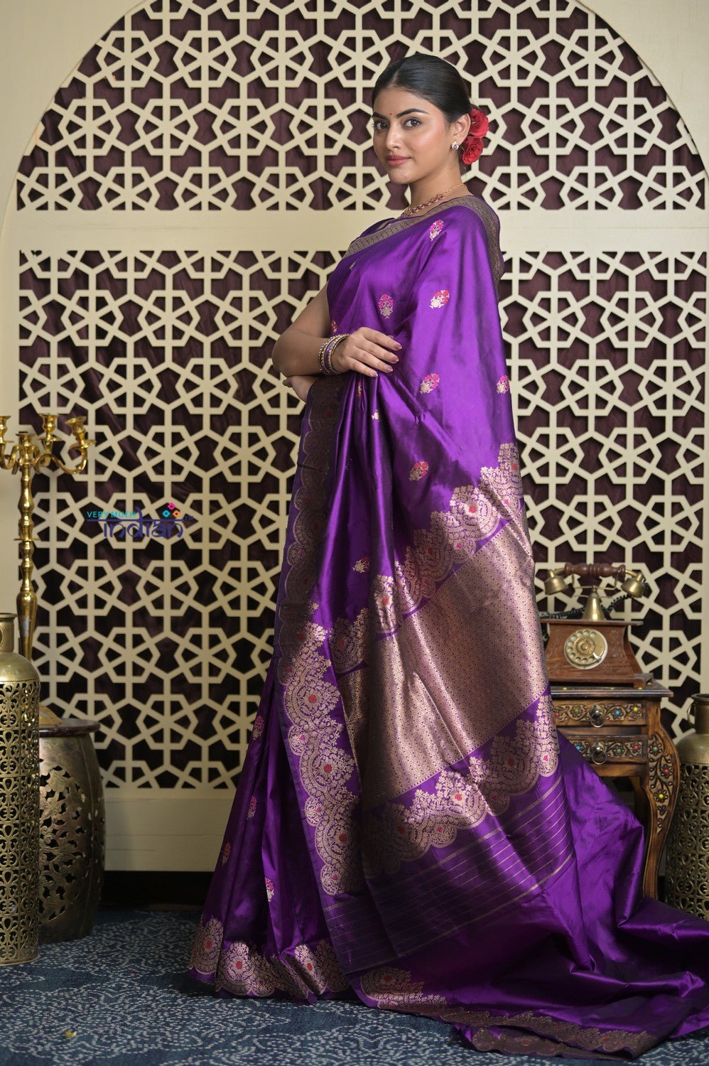 Shubh Lakshmi 2.0 ~ Handloom High Quality Pure Katan Silk Saree in Purple and Silver (Silk Mark Certified) - verymuchindian.com
