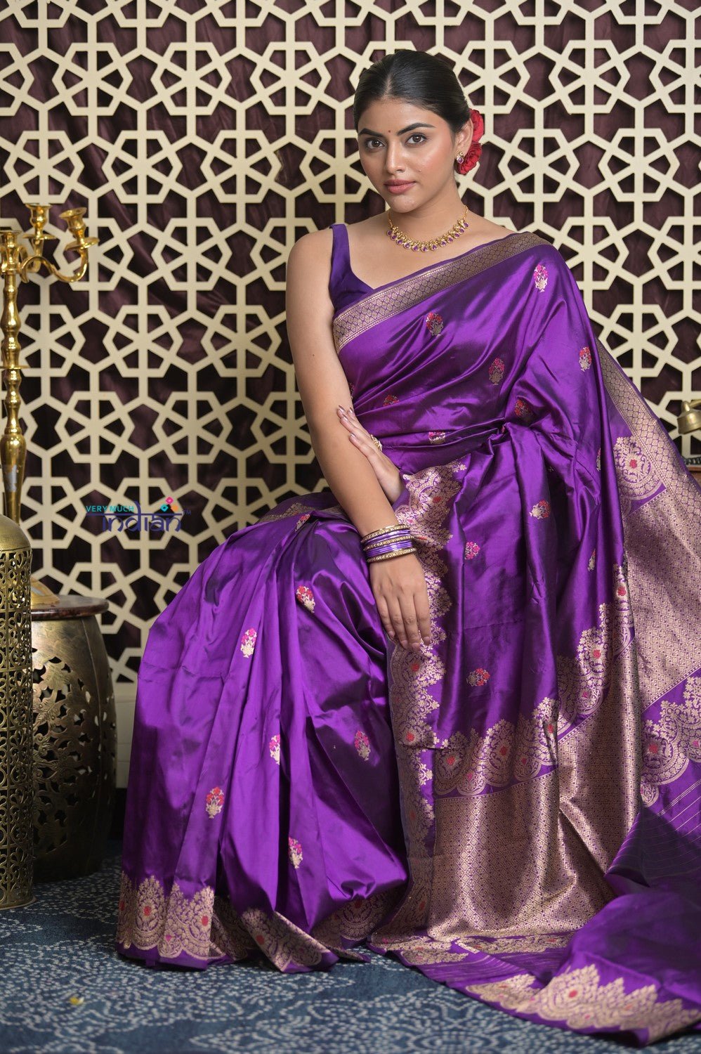 Shubh Lakshmi 2.0 ~ Handloom High Quality Pure Katan Silk Saree in Purple and Silver (Silk Mark Certified) - verymuchindian.com