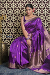 Shubh Lakshmi 2.0 ~ Handloom High Quality Pure Katan Silk Saree in Purple and Silver (Silk Mark Certified) - verymuchindian.com