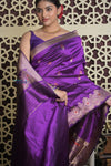 Shubh Lakshmi 2.0 ~ Handloom High Quality Pure Katan Silk Saree in Purple and Silver (Silk Mark Certified) - verymuchindian.com