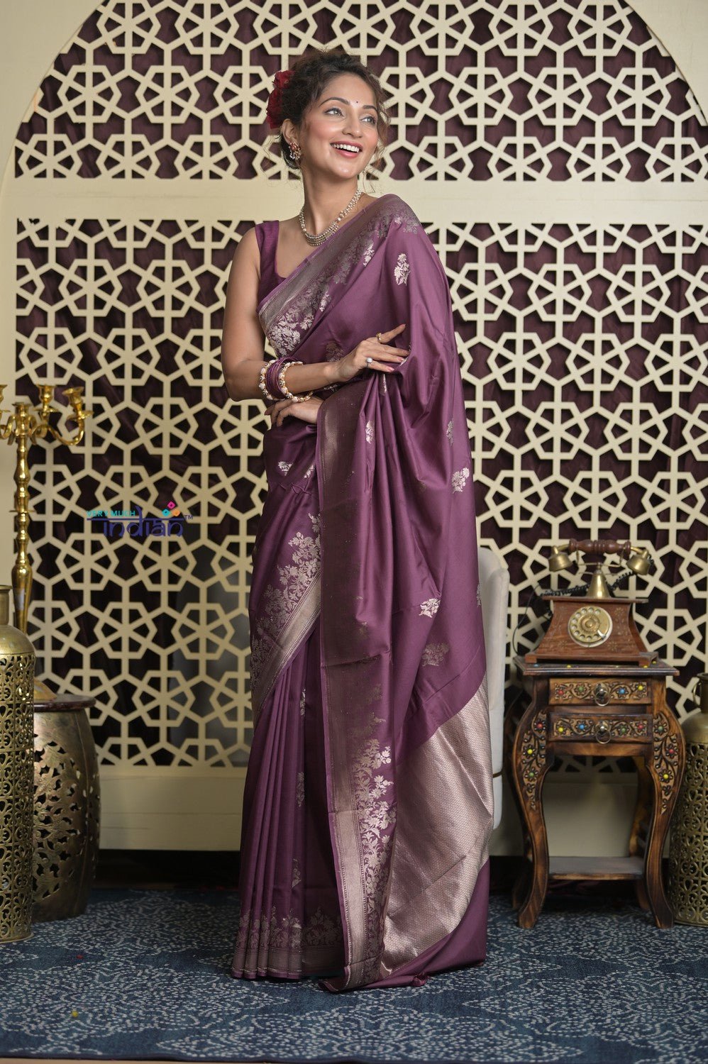 Shubh Lakshmi 2.0 ~ Handloom High Quality Pure Katan Silk Saree in Rose Violet (Silk Mark Certified) - verymuchindian.com