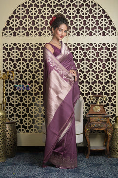 Shubh Lakshmi 2.0 ~ Handloom High Quality Pure Katan Silk Saree in Rose Violet (Silk Mark Certified) - verymuchindian.com