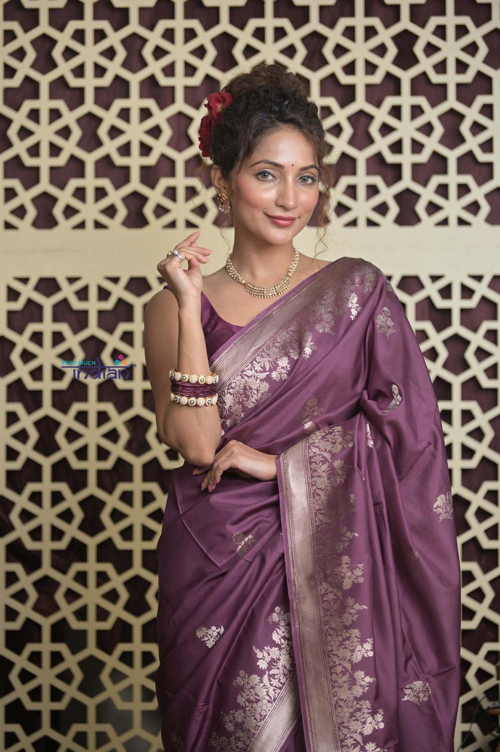 Shubh Lakshmi 2.0 ~ Handloom High Quality Pure Katan Silk Saree in Rose Violet (Silk Mark Certified) - verymuchindian.com