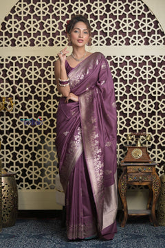 Shubh Lakshmi 2.0 ~ Handloom High Quality Pure Katan Silk Saree in Rose Violet (Silk Mark Certified) - verymuchindian.com