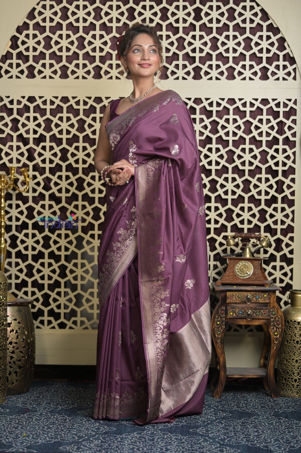 Shubh Lakshmi 2.0 ~ Handloom High Quality Pure Katan Silk Saree in Rose Violet (Silk Mark Certified) - verymuchindian.com