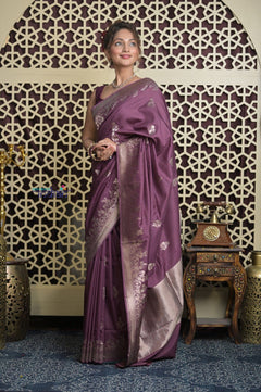 Shubh Lakshmi 2.0 ~ Handloom High Quality Pure Katan Silk Saree in Rose Violet (Silk Mark Certified) - verymuchindian.com