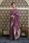 Shubh Lakshmi 2.0 ~ Handloom High Quality Pure Katan Silk Saree in Rose Violet (Silk Mark Certified) - verymuchindian.com