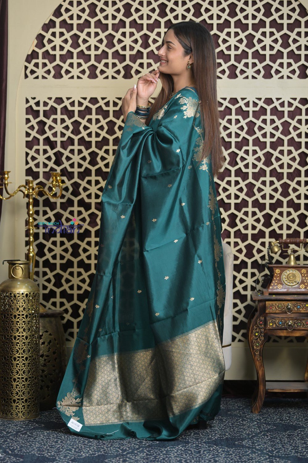 Shubh Lakshmi 2.0 ~ Handloom High Quality Pure Katan Silk Saree in Teal Blue and Gold (Silk Mark Certified) - verymuchindian.com