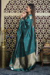 Shubh Lakshmi 2.0 ~ Handloom High Quality Pure Katan Silk Saree in Teal Blue and Gold (Silk Mark Certified) - verymuchindian.com