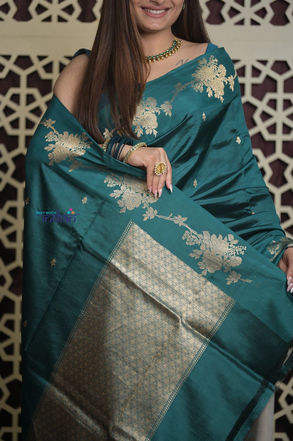 Shubh Lakshmi 2.0 ~ Handloom High Quality Pure Katan Silk Saree in Teal Blue and Gold (Silk Mark Certified) - verymuchindian.com