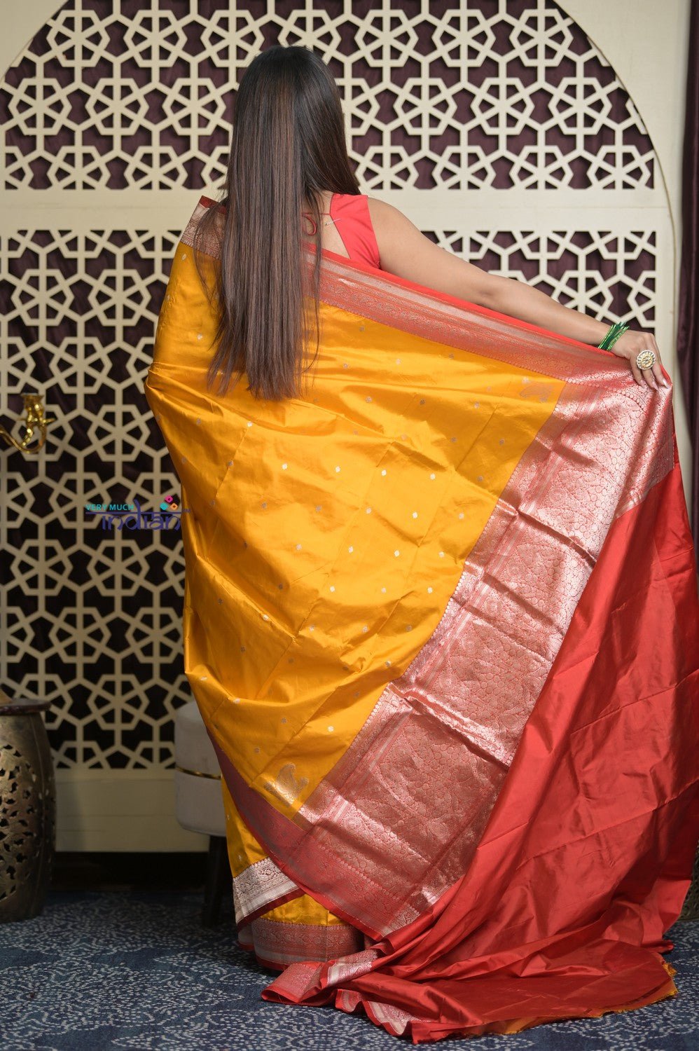 Shubh Lakshmi 2.0 ~ Handloom High Quality Pure Katan Silk Saree in Turmeric Yellow and Red (Silk Mark Certified) - verymuchindian.com