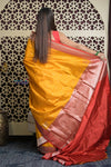 Shubh Lakshmi 2.0 ~ Handloom High Quality Pure Katan Silk Saree in Turmeric Yellow and Red (Silk Mark Certified) - verymuchindian.com