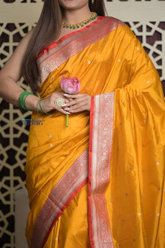 Shubh Lakshmi 2.0 ~ Handloom High Quality Pure Katan Silk Saree in Turmeric Yellow and Red (Silk Mark Certified) - verymuchindian.com