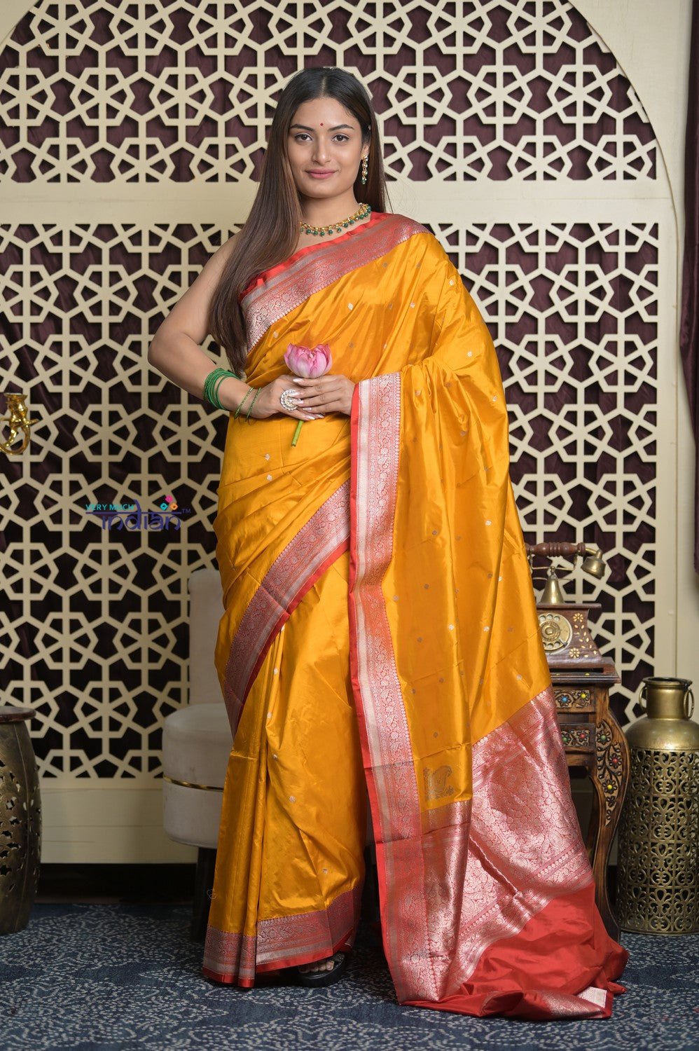 Shubh Lakshmi 2.0 ~ Handloom High Quality Pure Katan Silk Saree in Turmeric Yellow and Red (Silk Mark Certified) - verymuchindian.com