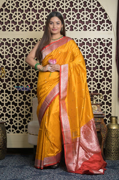Shubh Lakshmi 2.0 ~ Handloom High Quality Pure Katan Silk Saree in Turmeric Yellow and Red (Silk Mark Certified) - verymuchindian.com