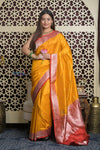 Shubh Lakshmi 2.0 ~ Handloom High Quality Pure Katan Silk Saree in Turmeric Yellow and Red (Silk Mark Certified) - verymuchindian.com