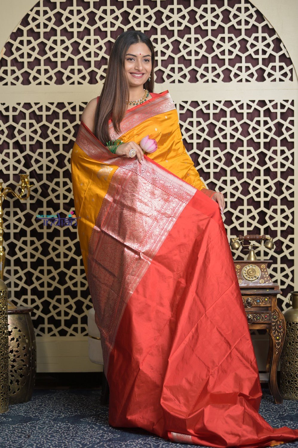 Shubh Lakshmi 2.0 ~ Handloom High Quality Pure Katan Silk Saree in Turmeric Yellow and Red (Silk Mark Certified) - verymuchindian.com
