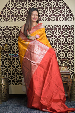 Shubh Lakshmi 2.0 ~ Handloom High Quality Pure Katan Silk Saree in Turmeric Yellow and Red (Silk Mark Certified) - verymuchindian.com