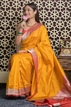 Shubh Lakshmi 2.0 ~ Handloom High Quality Pure Katan Silk Saree in Turmeric Yellow and Red (Silk Mark Certified) - verymuchindian.com