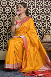 Shubh Lakshmi 2.0 ~ Handloom High Quality Pure Katan Silk Saree in Turmeric Yellow and Red (Silk Mark Certified) - verymuchindian.com