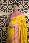 Shubh Lakshmi 2.0 ~ Handloom High Quality Pure Katan Silk Saree in Yellow Rose and Pink (Silk Mark Certified) - verymuchindian.com