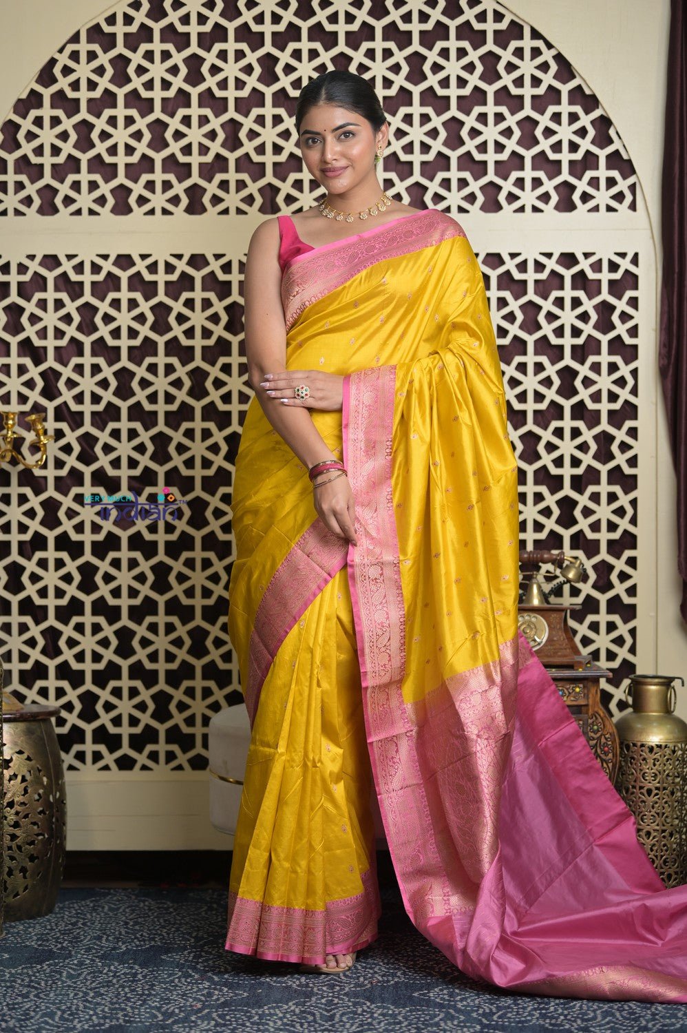 Shubh Lakshmi 2.0 ~ Handloom High Quality Pure Katan Silk Saree in Yellow Rose and Pink (Silk Mark Certified) - verymuchindian.com