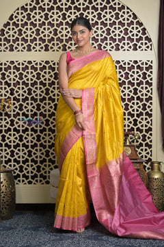 Shubh Lakshmi 2.0 ~ Handloom High Quality Pure Katan Silk Saree in Yellow Rose and Pink (Silk Mark Certified) - verymuchindian.com
