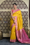 Shubh Lakshmi 2.0 ~ Handloom High Quality Pure Katan Silk Saree in Yellow Rose and Pink (Silk Mark Certified) - verymuchindian.com