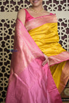 Shubh Lakshmi 2.0 ~ Handloom High Quality Pure Katan Silk Saree in Yellow Rose and Pink (Silk Mark Certified) - verymuchindian.com