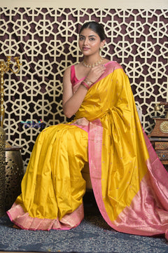 Shubh Lakshmi 2.0 ~ Handloom High Quality Pure Katan Silk Saree in Yellow Rose and Pink (Silk Mark Certified) - verymuchindian.com