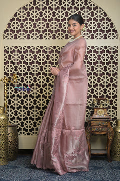 Shubh Lakshmi 2.0 ~ Handloom High Quality Pure Kora Silk Saree in Powder Pink (Silk Mark Certified) - verymuchindian.com