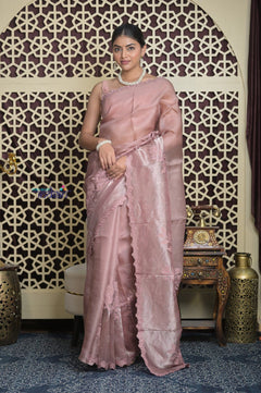 Shubh Lakshmi 2.0 ~ Handloom High Quality Pure Kora Silk Saree in Powder Pink (Silk Mark Certified) - verymuchindian.com