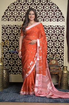 Shubh Lakshmi 2.0 ~ Handloom High Quality Pure Kota Silk Saree in Cerulean Red (Silk Mark Certified) - verymuchindian.com