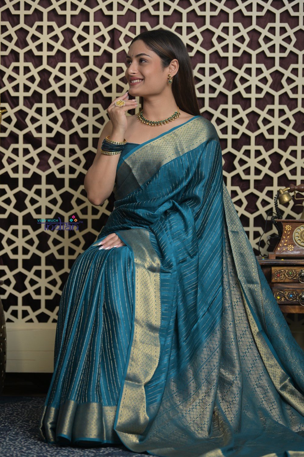 Shubh Lakshmi 2.0 ~ Handloom High Quality Pure Mysore Silk Saree in Azure Blue and Gold (Silk Mark Certified) - verymuchindian.com