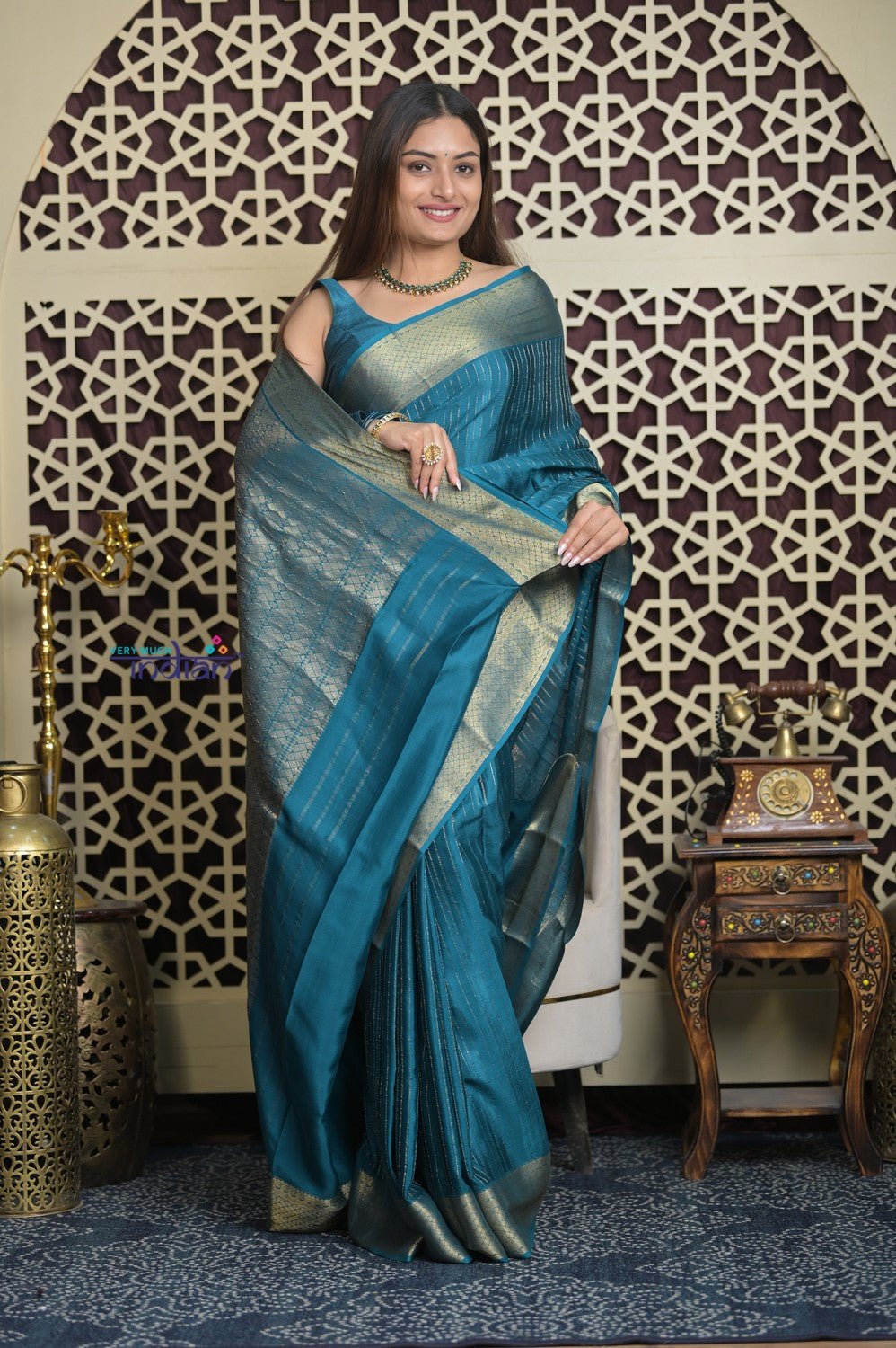 Shubh Lakshmi 2.0 ~ Handloom High Quality Pure Mysore Silk Saree in Azure Blue and Gold (Silk Mark Certified) - verymuchindian.com