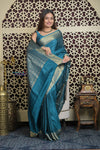 Shubh Lakshmi 2.0 ~ Handloom High Quality Pure Mysore Silk Saree in Azure Blue and Gold (Silk Mark Certified) - verymuchindian.com