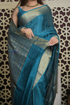 Shubh Lakshmi 2.0 ~ Handloom High Quality Pure Mysore Silk Saree in Azure Blue and Gold (Silk Mark Certified) - verymuchindian.com